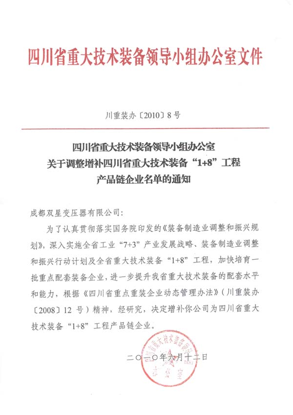 關于我公司被列入四川省重大技術裝備“1+8”工程產品企業鏈名單通知